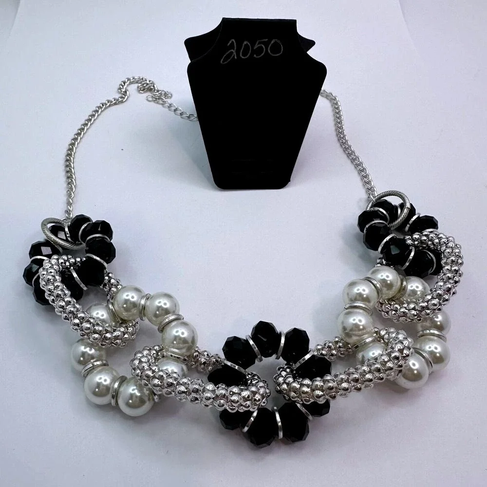 New York & Company Silver Tone Faux Pearl Black Beaded Bib‎ Statement Necklace